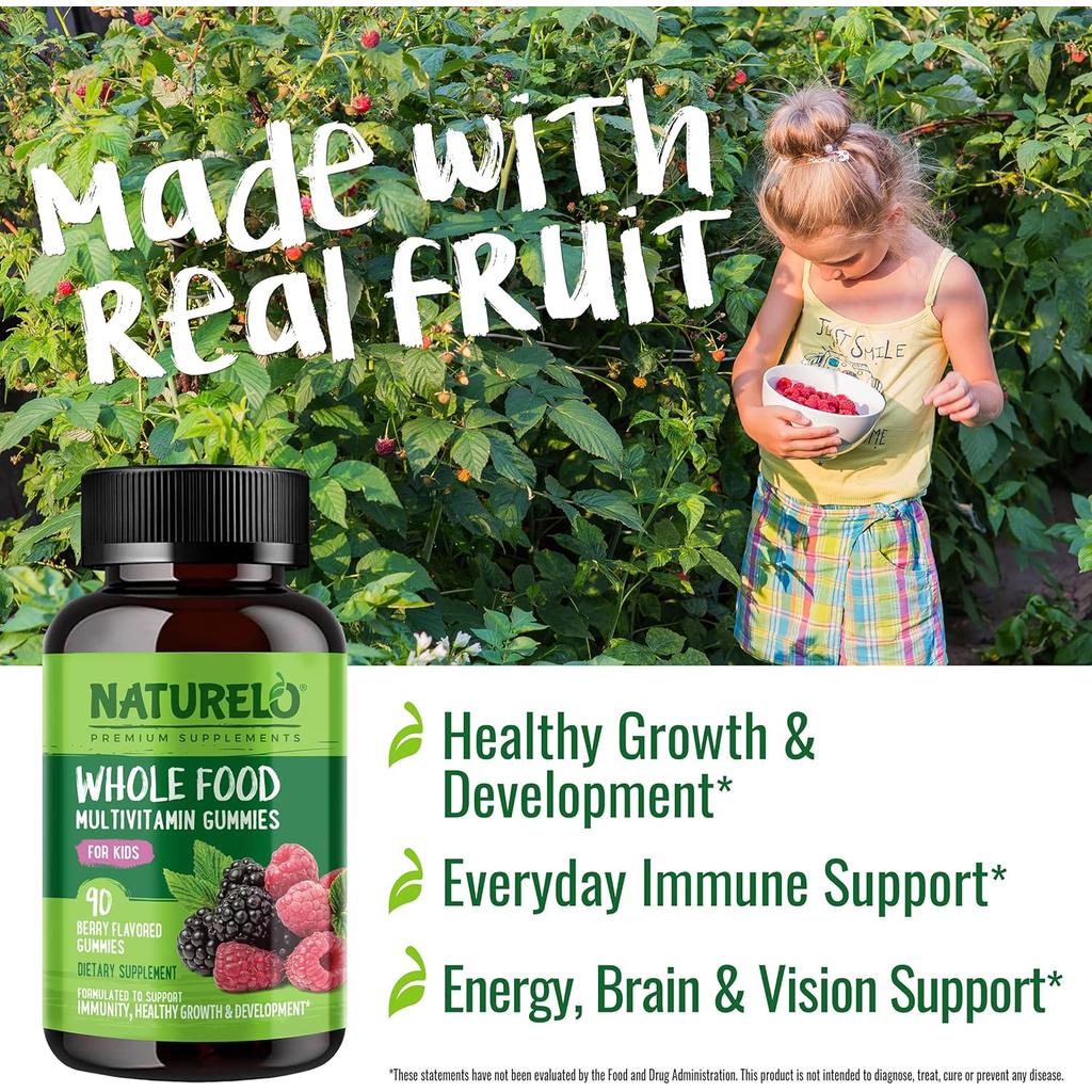 Naturelo Plant-Based Whole Food Vitamin Gummies for Kids - Organic Fruits, Chewable Multivitamins, No Artificial Sweeteners -