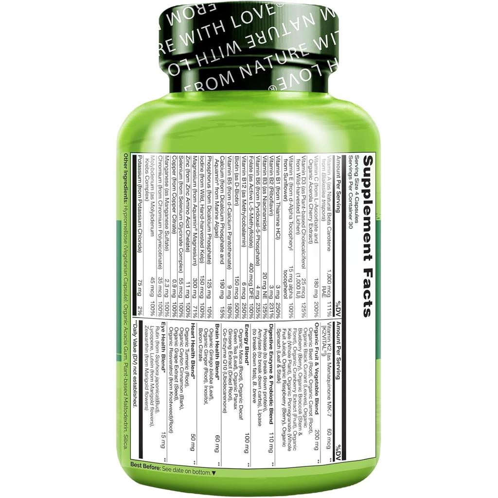 Naturelo Whole Food Multivitamin for Men - Vegan, non-GMO supplement for enhanced energy, brain, heart and gut health