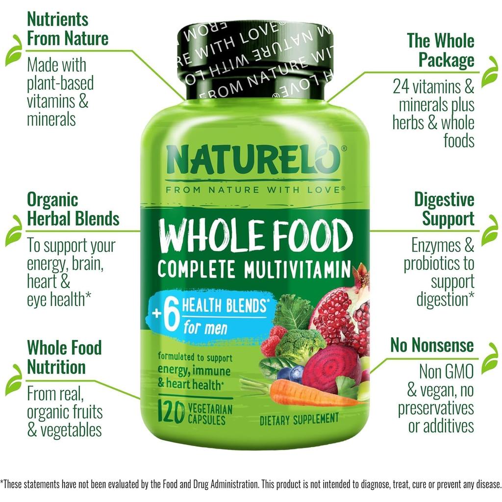 Naturelo Whole Food Multivitamin for Men, promoting men's energy, brain, heart, and eye health