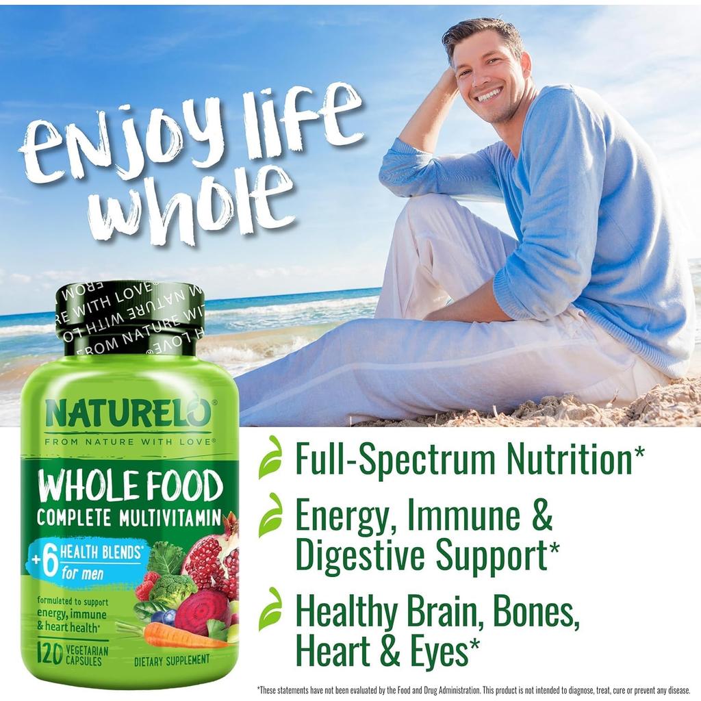 Naturelo Whole Food Multivitamin for Men promoting heart, brain, energy and eye health in easy-to-swallow capsules