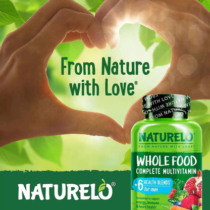 Naturelo Whole Food Multivitamin for Men promoting energy, brain, heart, and eye health