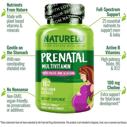 Naturelo Prenatal Multivitamin for healthy pregnancy and fetal brain development, gentle on stomach