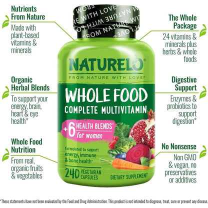 Naturelo Whole Food Multivitamin for Women, promoting energy, brain, heart, and eye health with probiotics and digestive enzy