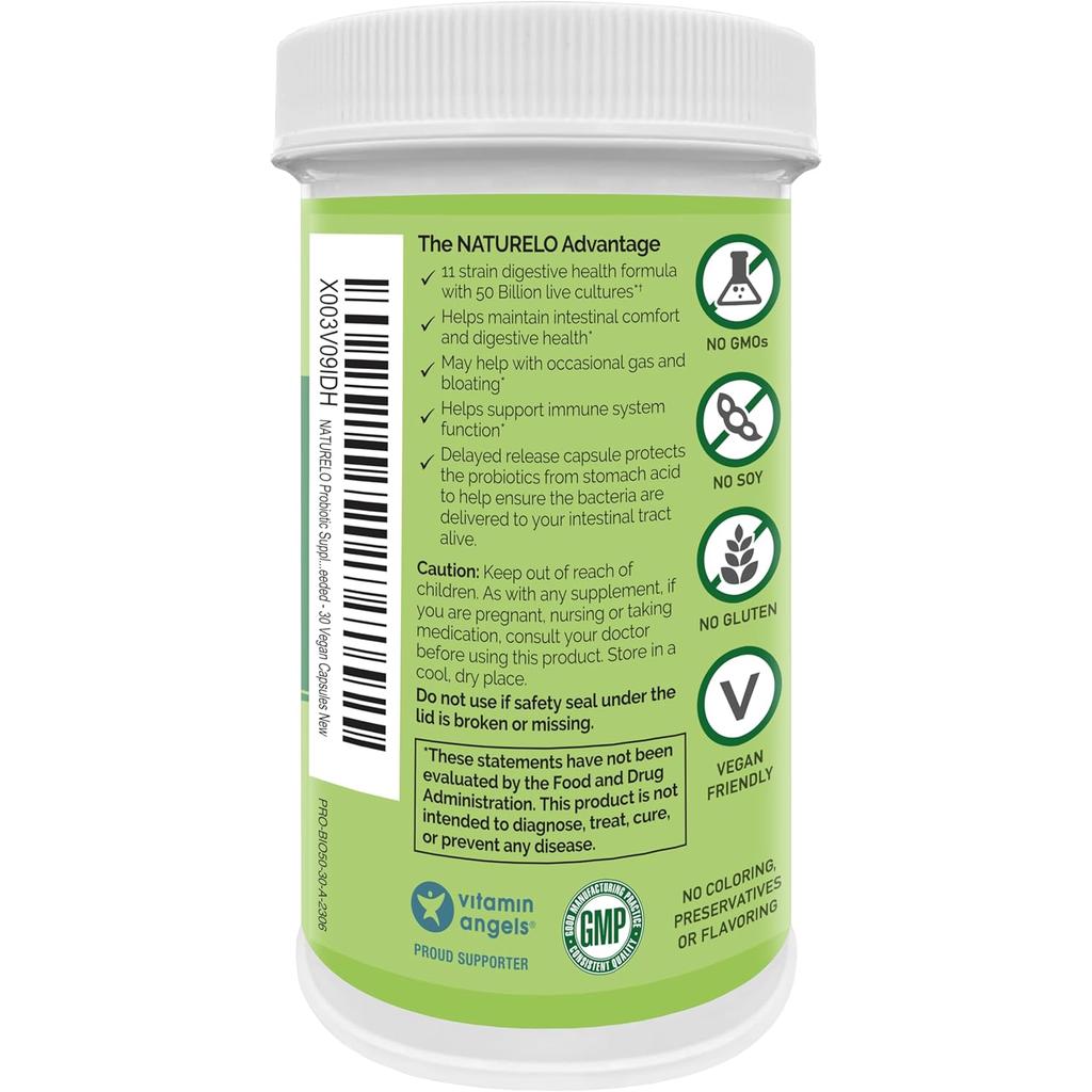 Naturelo Probiotics 50 Billion CFU supplement bottle for improved gut health and digestion