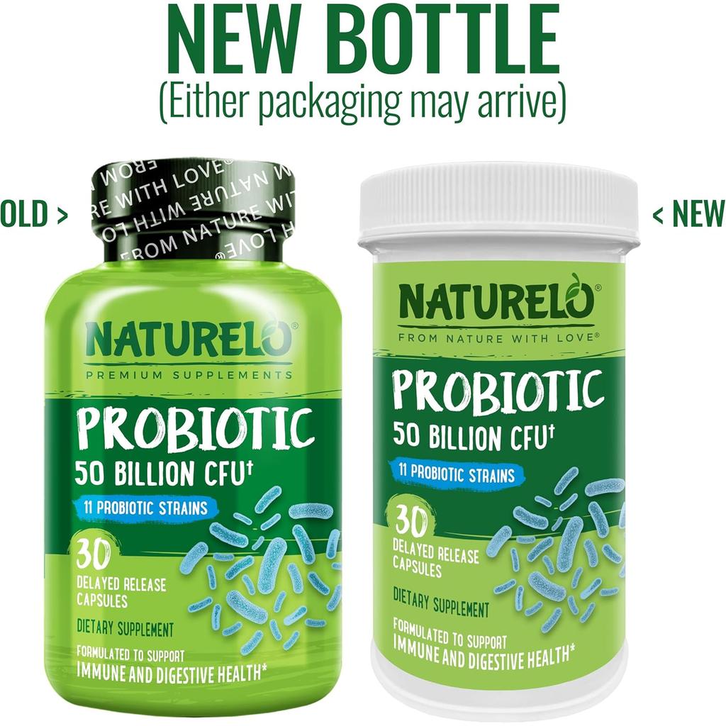 Naturelo Probiotics 50 Billion CFU supplement, promoting gut health and immunity boost