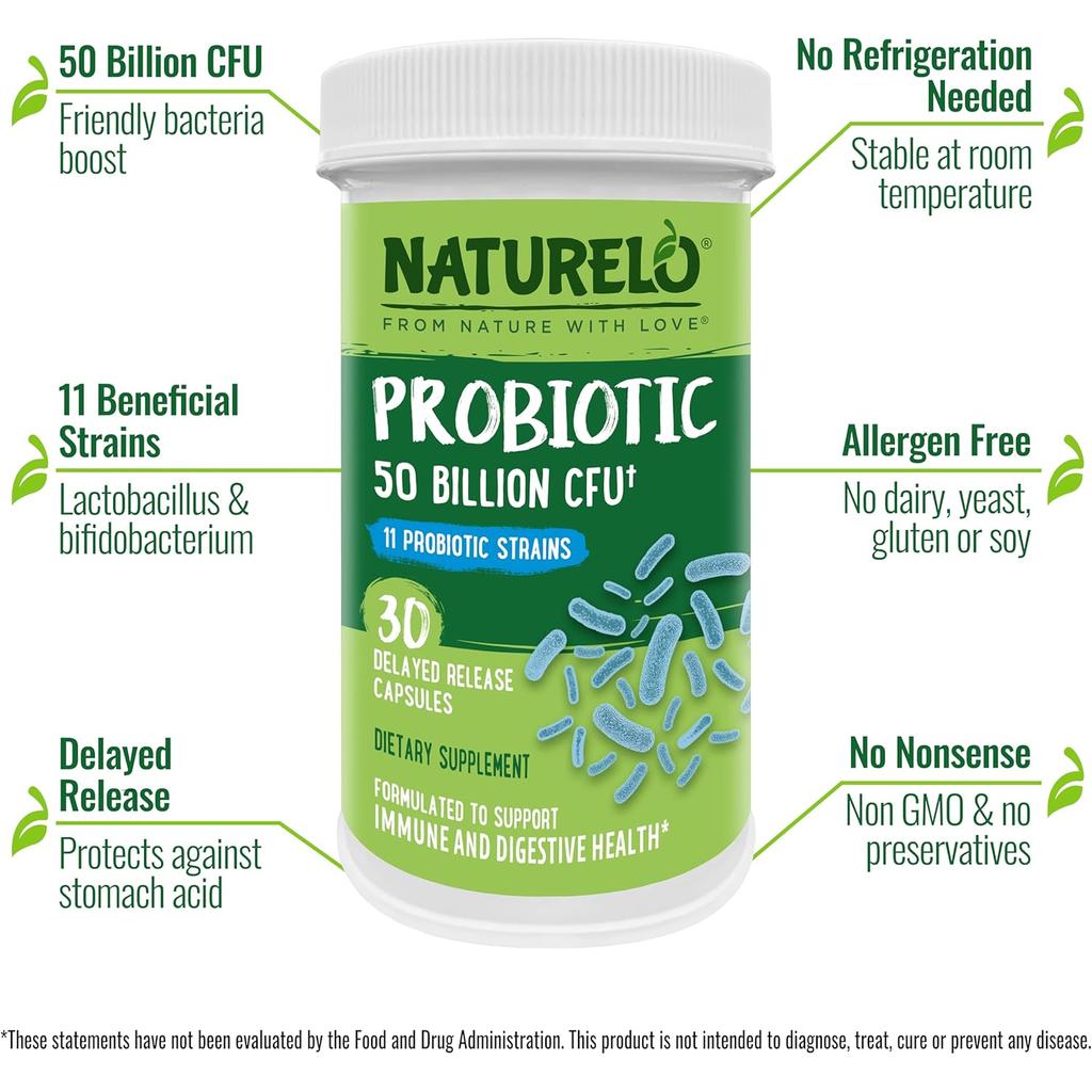 Naturelo Probiotic 50 Billion CFU supplement bottle for improved gut health and immune support