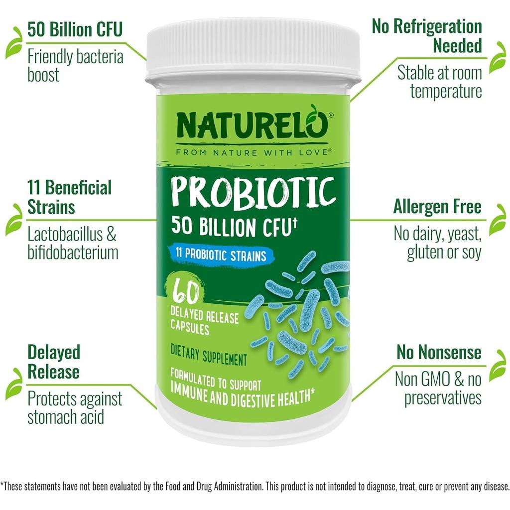 Naturelo Probiotics 50 Billion CFU supplement promoting digestive health and immune support