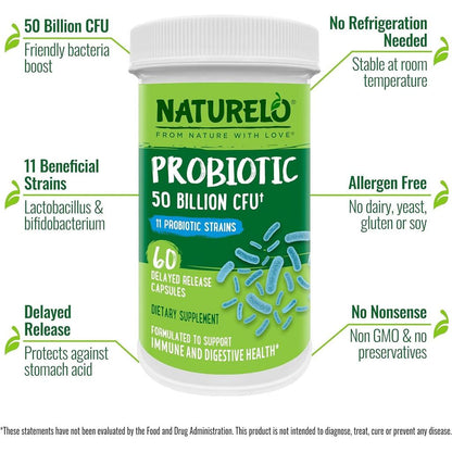 Naturelo Probiotics 50 Billion CFU supplement promoting digestive health and immune support