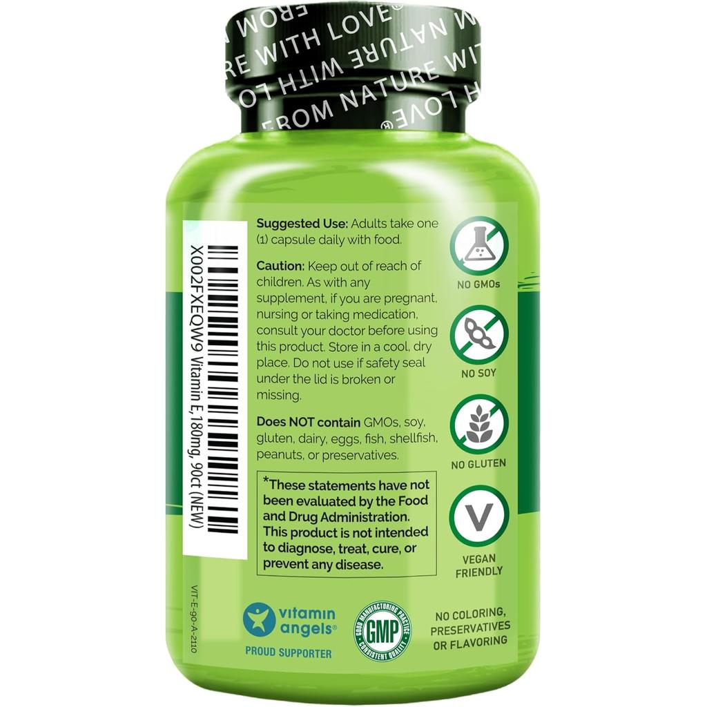 Naturelo plant-based Vitamin E capsules, ideal for long-term use, allergen-free, derived from organic whole foods