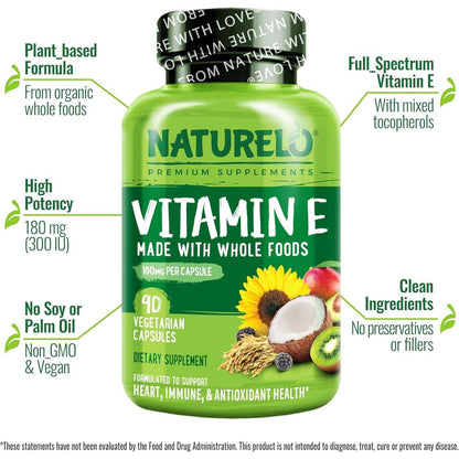 Naturelo's plant-based Vitamin E capsules derived from organic whole foods, allergen-free and lab-tested for safety