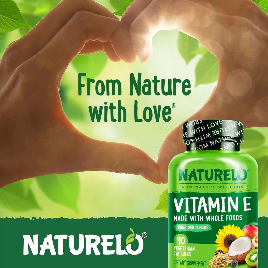 Naturelo plant-based Vitamin E capsules derived from organic whole foods, allergen-free and safe for long-term use