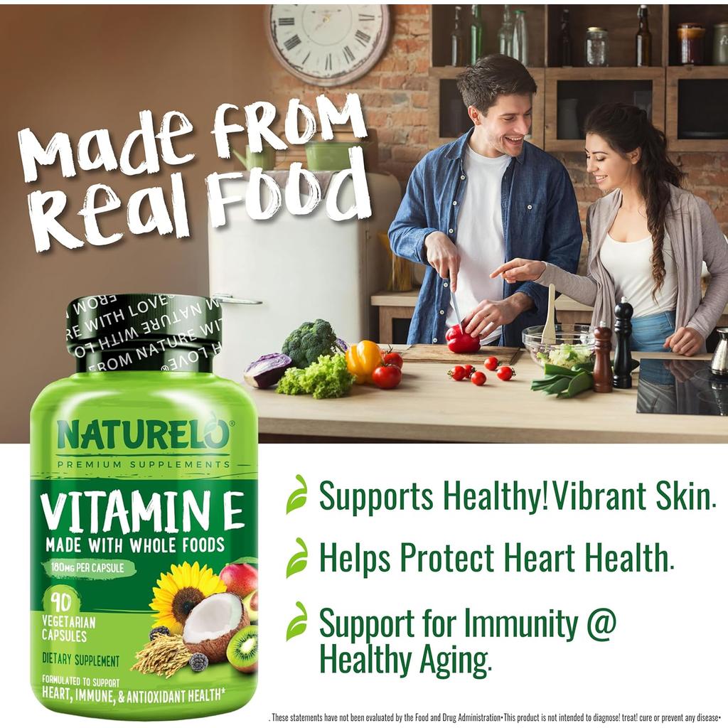 Naturelo plant-based Vitamin E capsules derived from organic whole foods for healthy skin and immune support