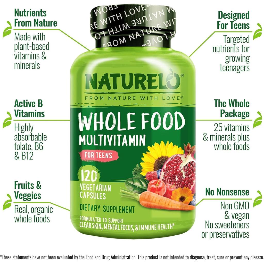 Naturelo Whole Food Multivitamin for Teens, ensuring healthy growth, vision, skin and hair with plant-based ingredients