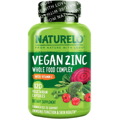 Naturelo Whole Food Vegan Zinc Supplement for immune support, healthy skin, hair and nails