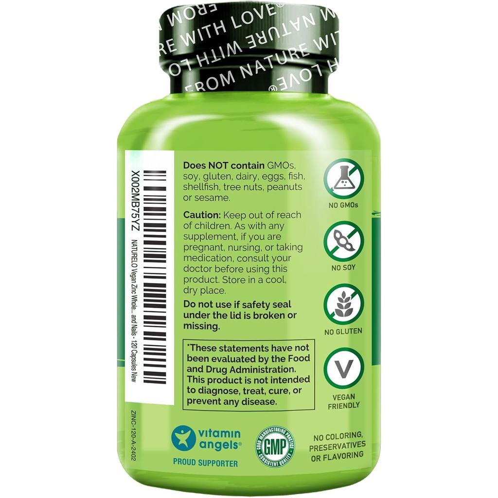 Naturelo Whole Food Vegan Zinc Supplement - Easy to Absorb, Supports Immune System and Healthy Skin, Hair and Nails