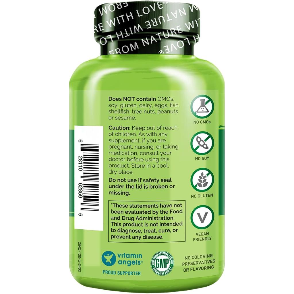 Naturelo Whole Food Vegan Zinc Supplement for Immune Support and Skin, Hair, Nail Health