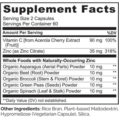 Naturelo Whole Food Vegan Zinc Supplement for Immune Support, Healthy Skin, Hair & Nails - Plant-Based Formula