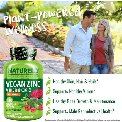 Naturelo Whole Food Vegan Zinc Supplement for immune support, healthy skin, hair, and nails