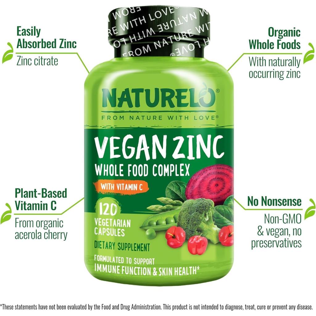 Naturelo whole food vegan zinc supplement for immune support, healthy skin, hair, and nails, easy absorption