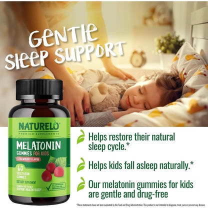 Naturelo Melatonin Sleep Gummies for Kids - Strawberry Flavoured, Non-Habit Forming, Child Safe Night-Time Supplement