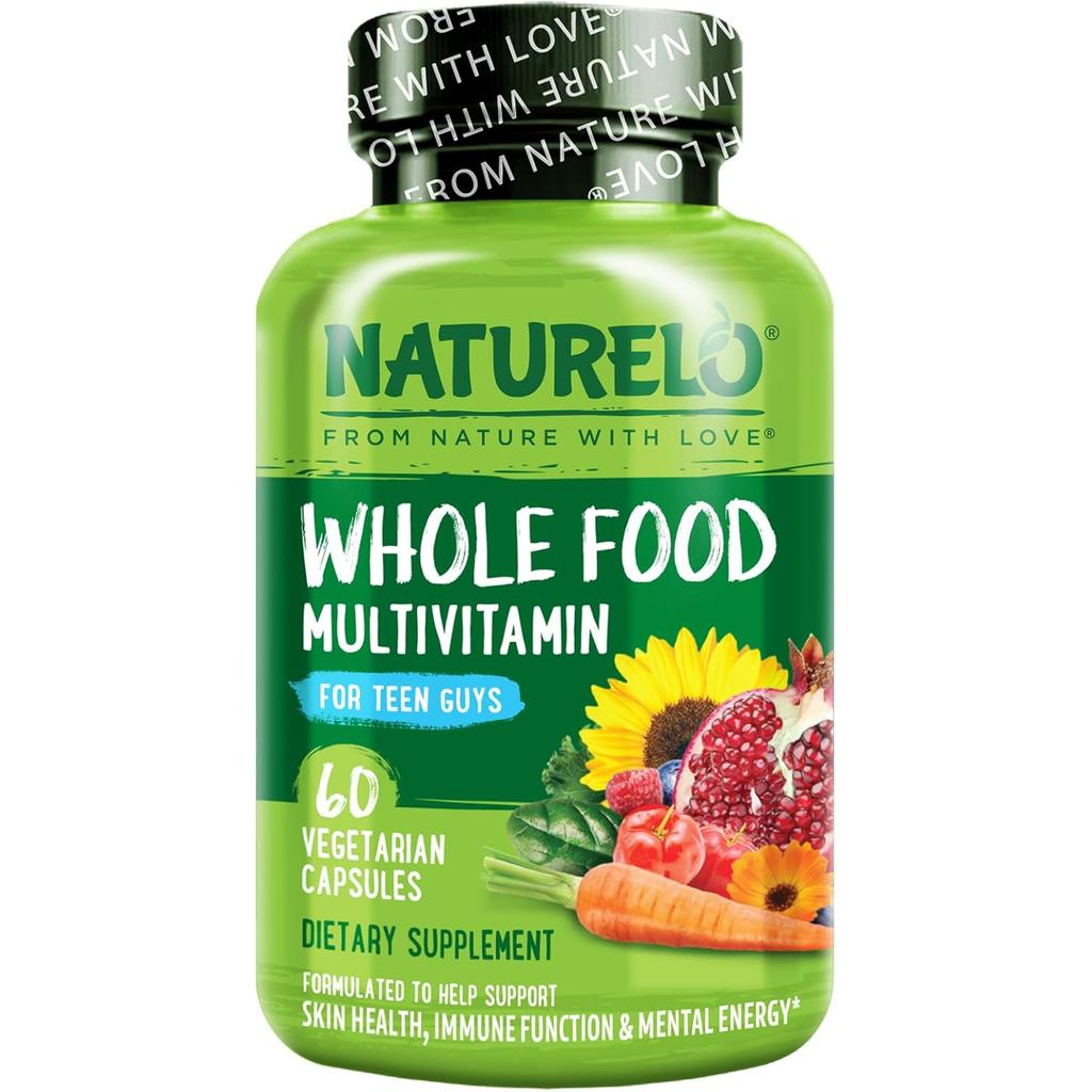 Naturelo Whole Food Multivitamin for Teen Boys, providing real food nutrition and premium quality ingredients for adolescent