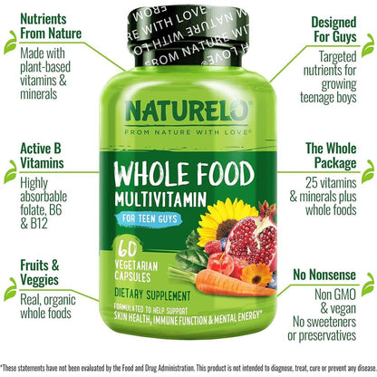 Naturelo Whole Food Multivitamin for Teen Boys, providing premium quality nutrition from real organic foods for optimal healt