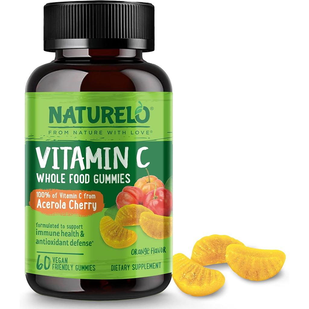 Naturelo Whole Food Vitamin C Gummies, plant-based Acerola cherry extract for daily immune boost and antioxidant protection