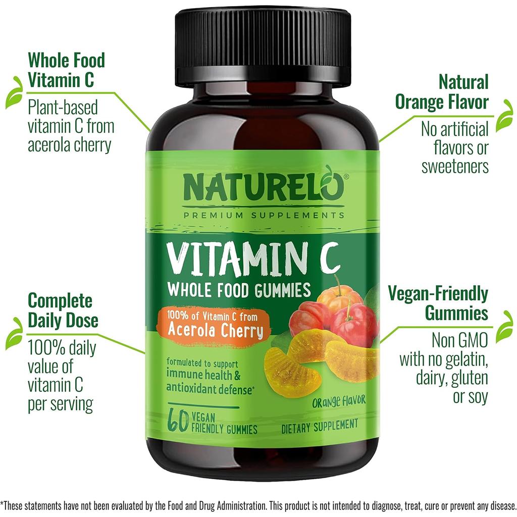 Naturelo Whole Food Vitamin C Gummies, Acerola cherry extract for daily immune boost, non-GMO and vegan-friendly