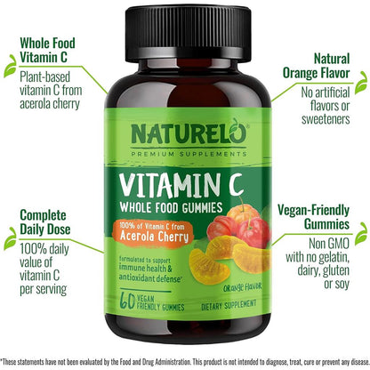 Naturelo Whole Food Vitamin C Gummies, Acerola cherry extract for daily immune boost, non-GMO and vegan-friendly