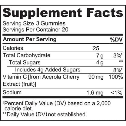 Naturelo Whole Food Vitamin C Gummies with Acerola Cherry Extract - Vegan and Non-GMO Supplement