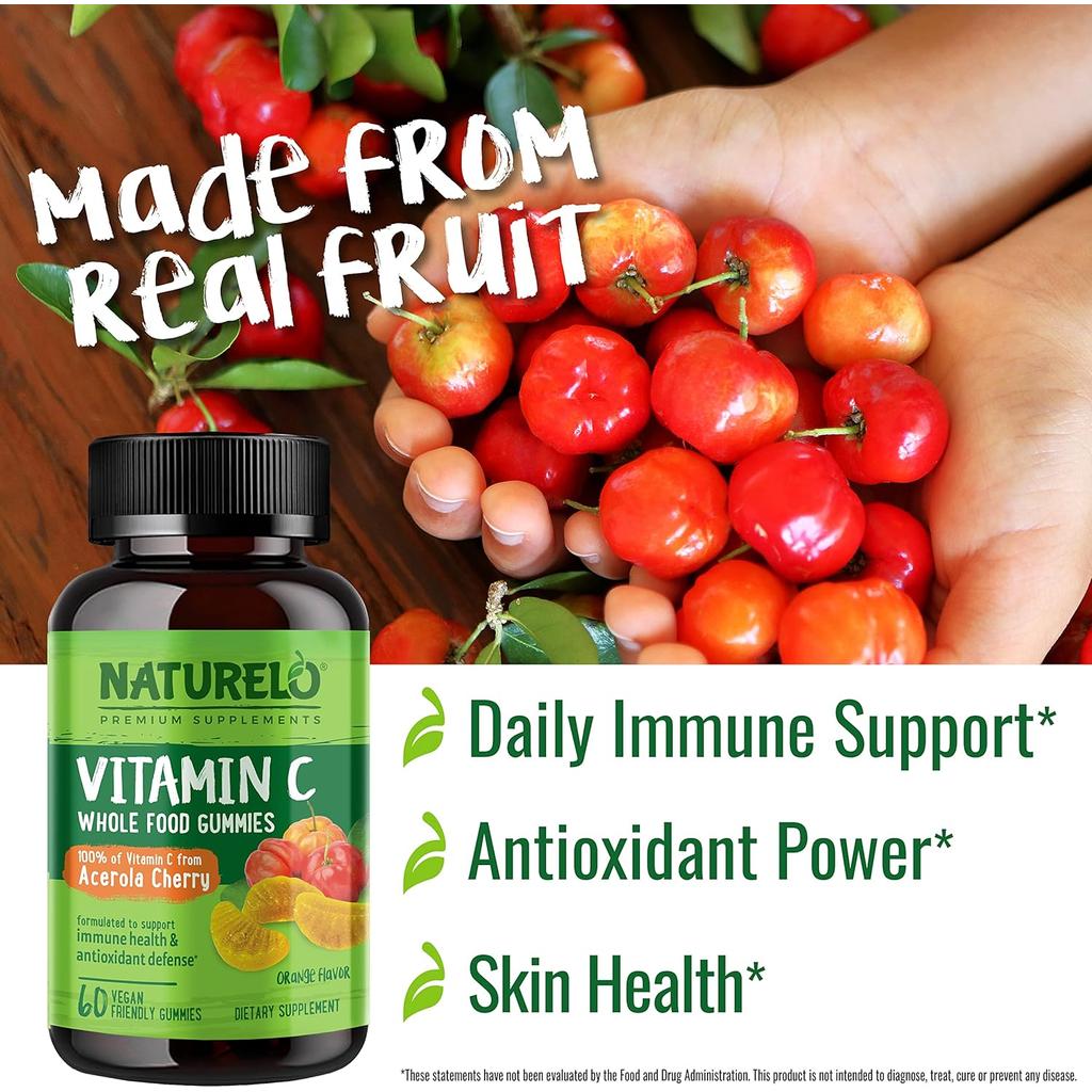 Naturelo Whole Food Vitamin C Gummies, plant-based Acerola cherry extract, for immune support and antioxidant protection