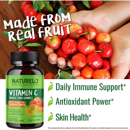 Naturelo Whole Food Vitamin C Gummies, plant-based Acerola cherry extract, for immune support and antioxidant protection