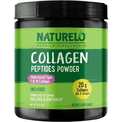 Naturelo Unflavored Collagen Peptides Powder for skin, hair, and joint health, with Type I & III collagen and easy absorption