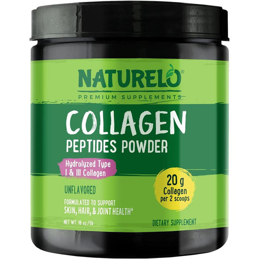 Naturelo Unflavored Collagen Peptides Powder for skin, hair, and joint health, with Type I & III collagen and easy absorption