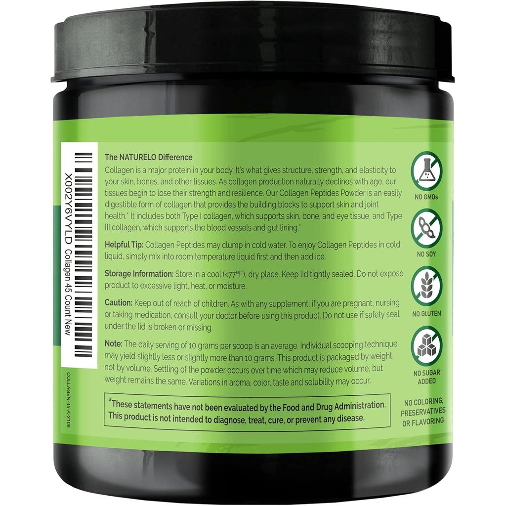 Naturelo unflavored collagen peptides powder for skin, hair, joint health, and easy absorption