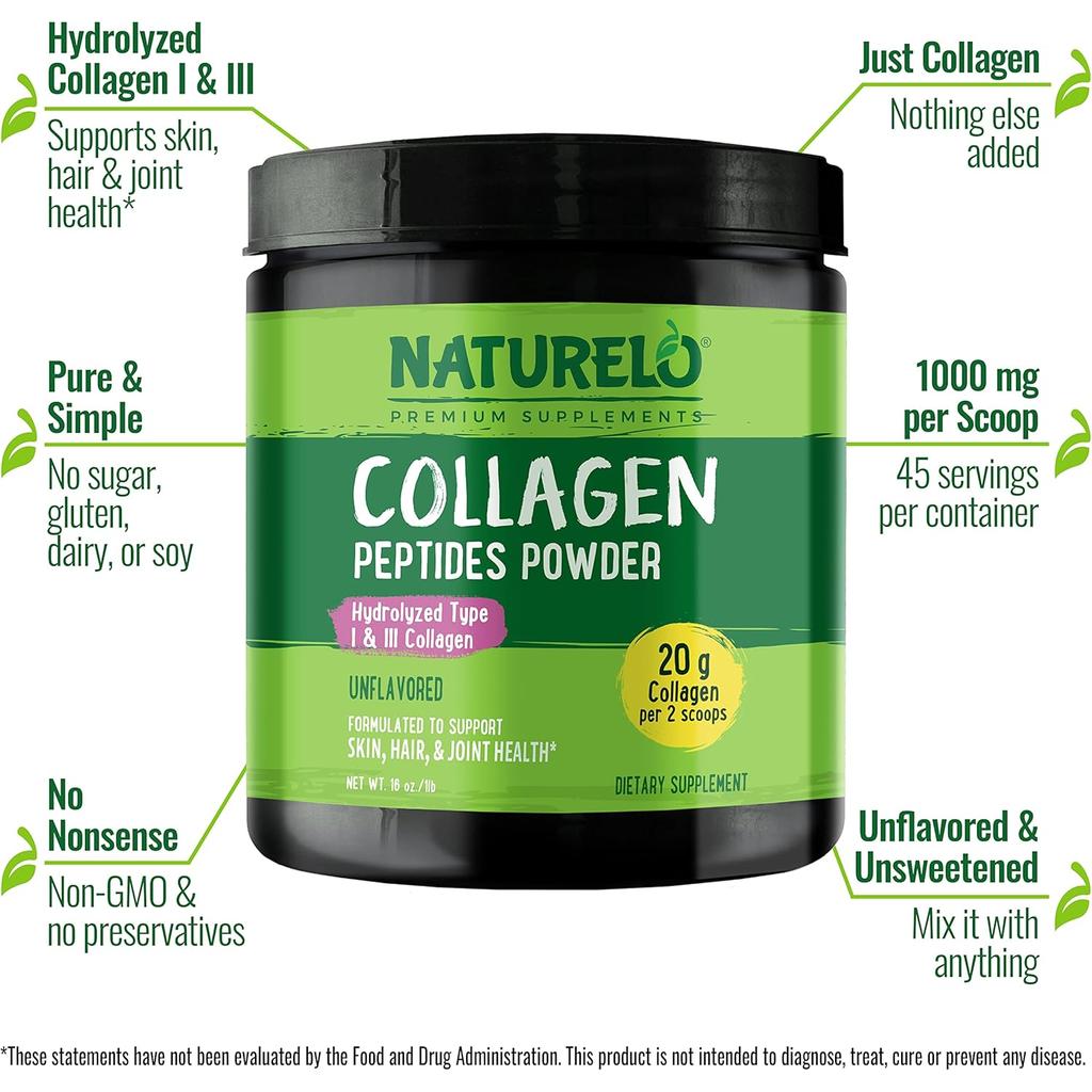 Naturelo unflavored collagen peptides powder promoting skin, hair and joint health