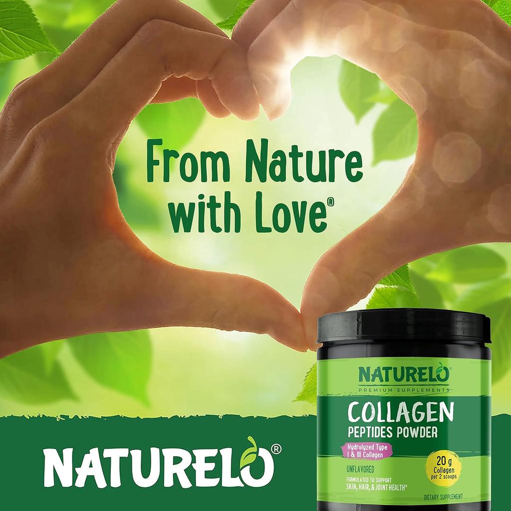 Naturelo Unflavoured Collagen Peptides Powder promoting skin, hair, joint health, easily absorbed, no added sugar or preserva