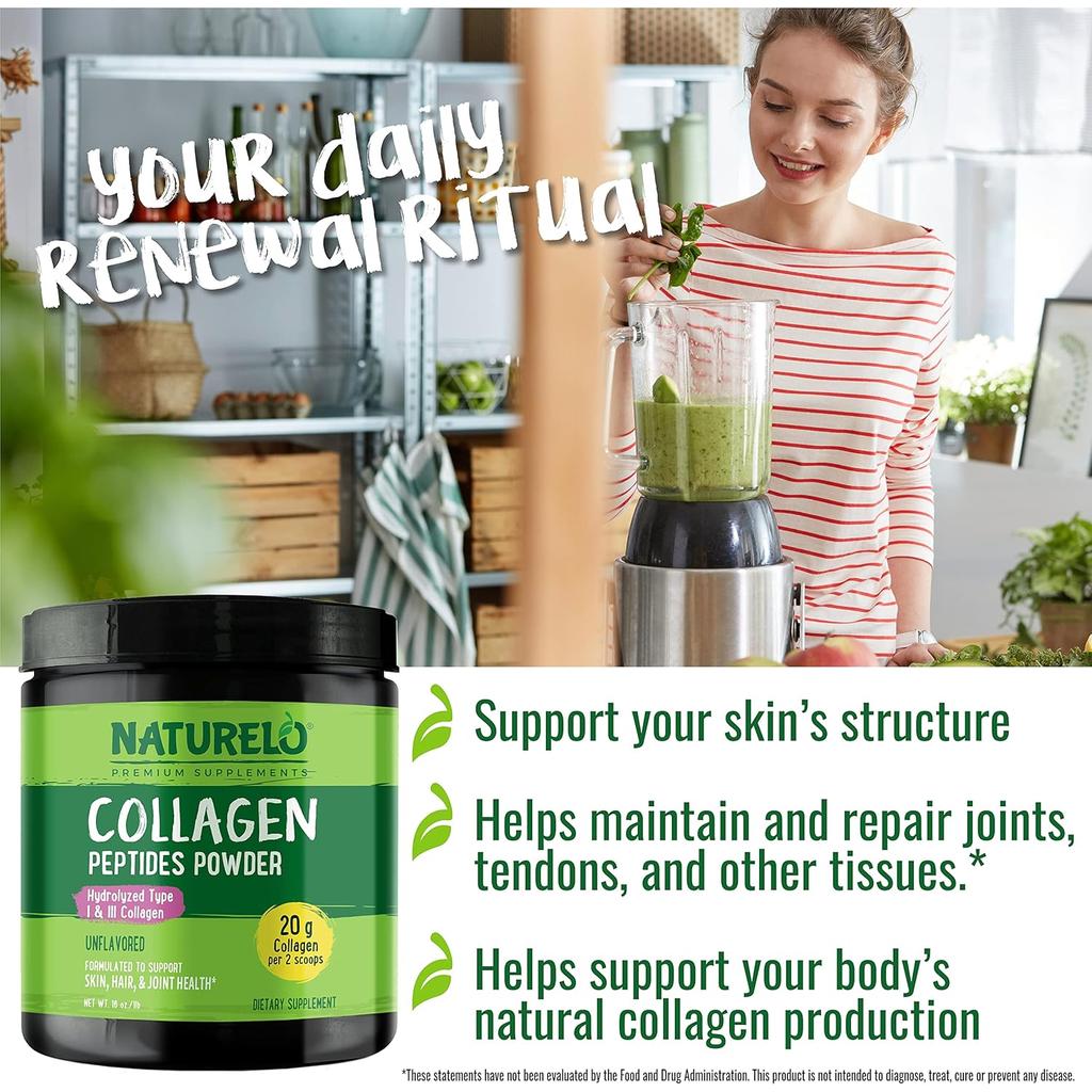 Naturelo unflavored collagen peptides powder for skin, hair, joint health and easy absorption