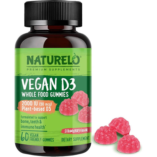 Naturelo whole food Vitamin D3 gummies, vegan-friendly, bone and immunity support, delightful strawberry flavour