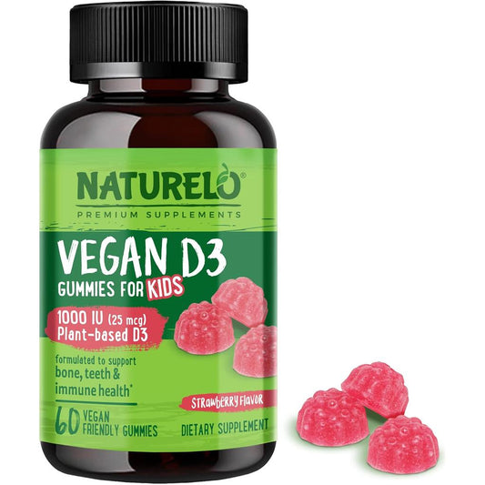 Naturelo Whole Food Vitamin D3 Gummies for Kids, Strawberry Flavour, Vegan, Immunity Boosting