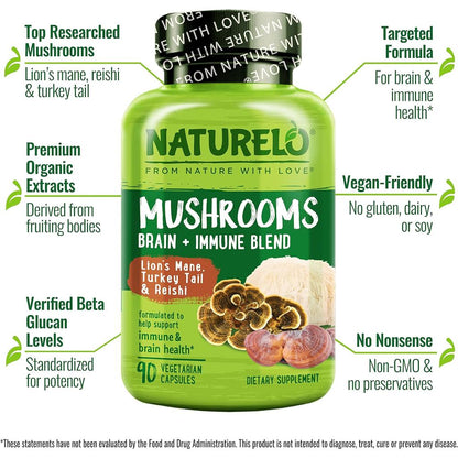 Naturelo's Mushroom Brain-Immune Blend supplement for enhanced brain health and immune support