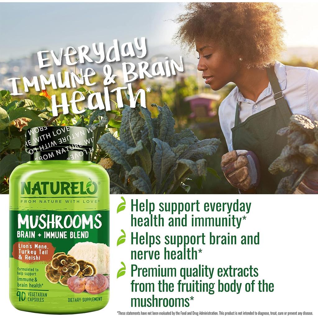 Naturelo's organic mushrooms brain and immune blend supplement, promoting brain health and immune support