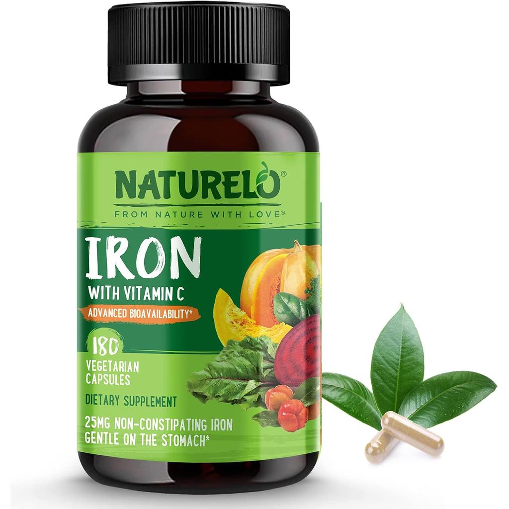 Naturelo Vegan Iron Supplement with Vitamin C for energy boost and enhanced absorption, non-GMO and gluten-free