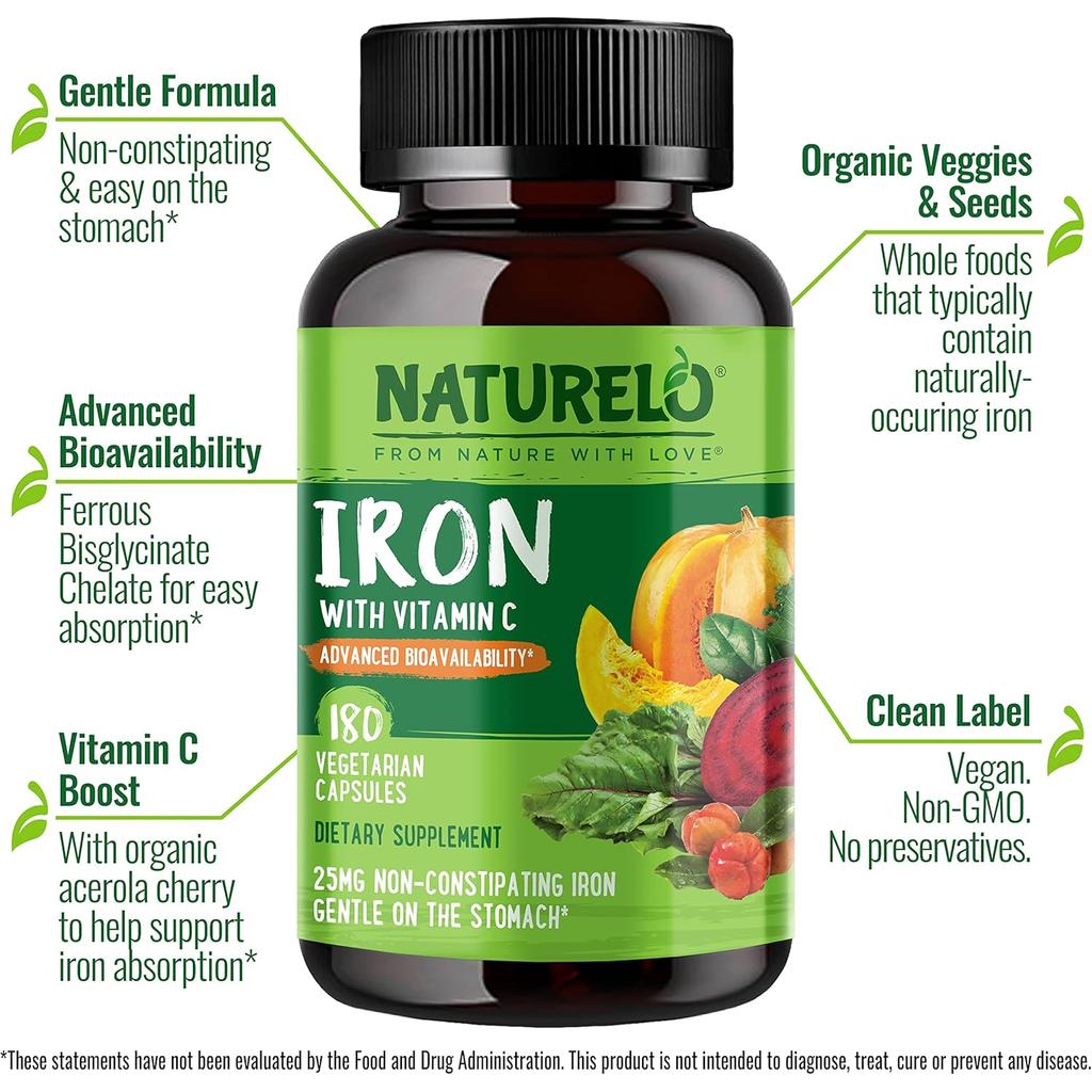 Naturelo vegan iron supplement with vitamin C for energy boost and iron deficiency, ideal for vegans and pregnant women