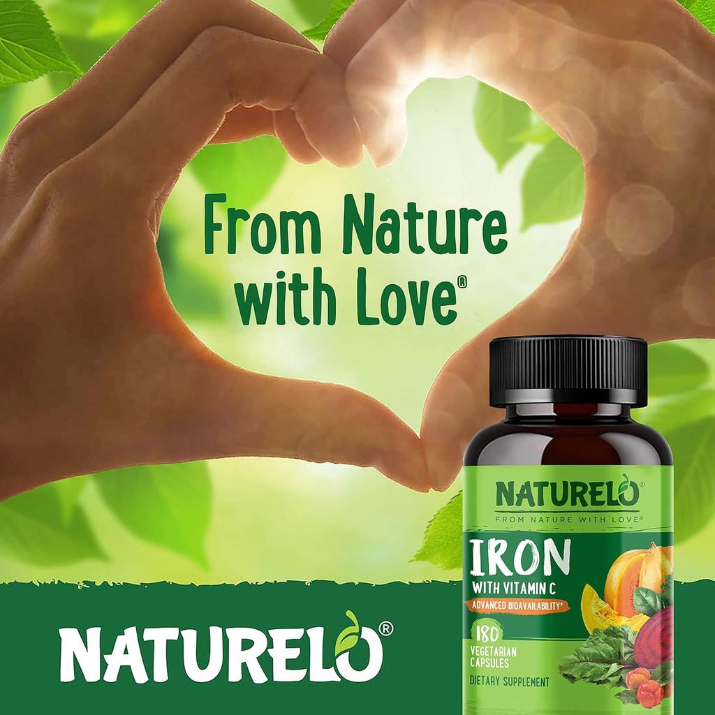 Naturelo vegan iron supplement with vitamin C for energy boost and healthy iron levels