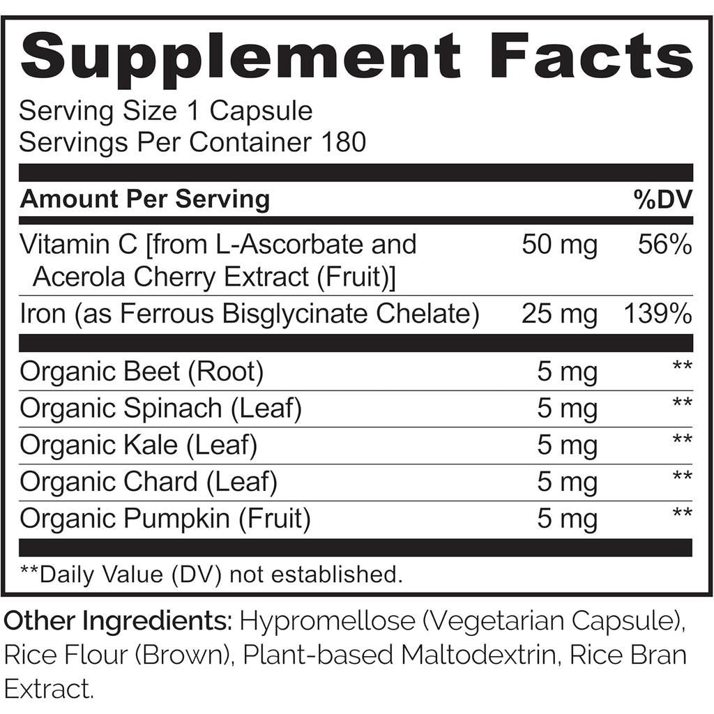 Naturelo vegan iron supplement with vitamin C, ideal for boosting energy and iron levels, suitable for vegetarians