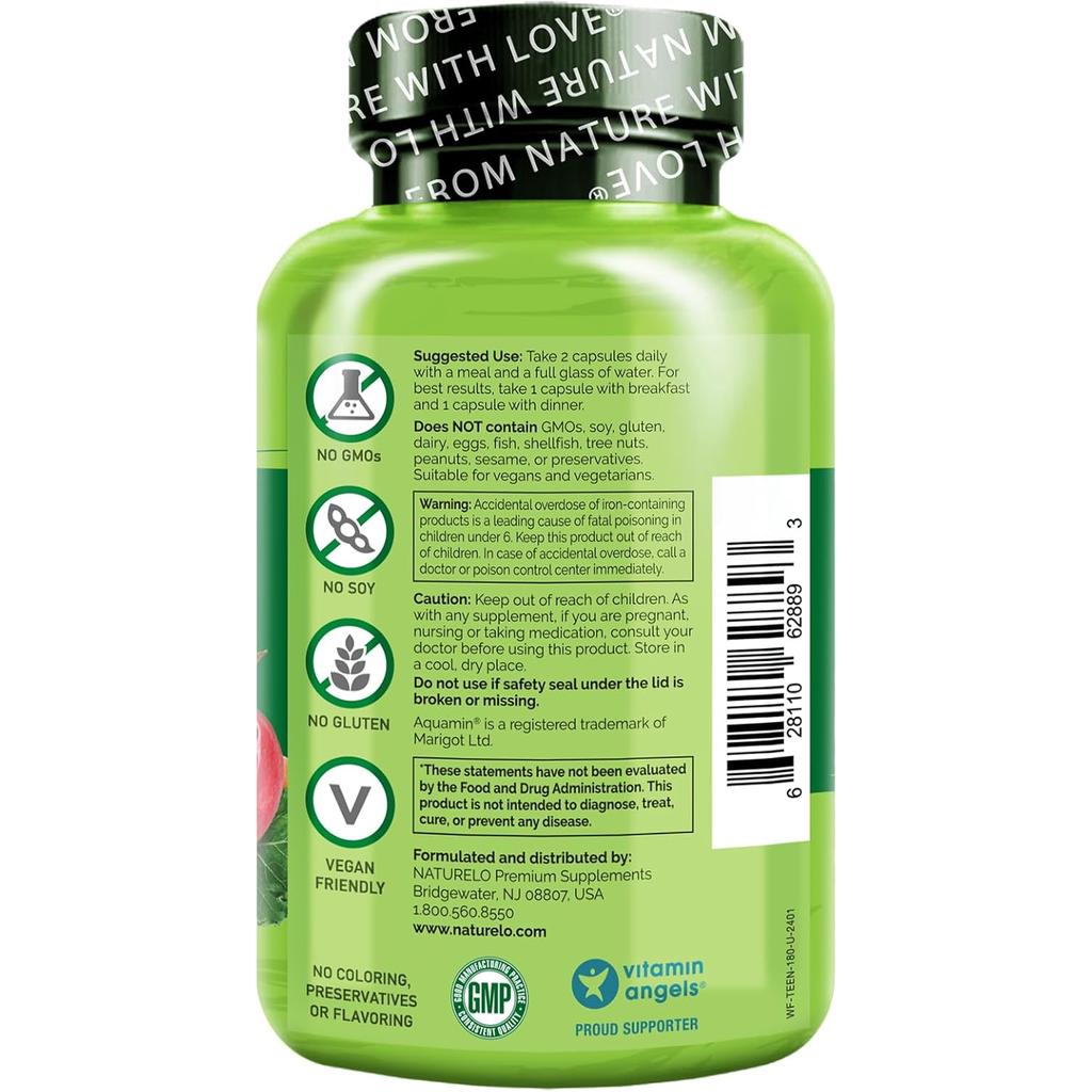 Naturelo Whole Food Multivitamin for Teens, plant-based ingredients supporting teenage growth, immunity, and energy.