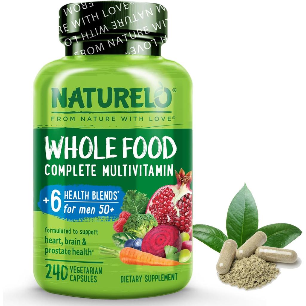 Naturelo Whole Food Multivitamin for Men 50+ promoting energy, heart, brain, and eye health in easy-to-swallow capsules