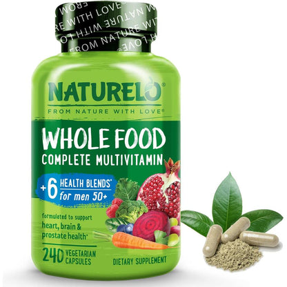 Naturelo Whole Food Multivitamin for Men 50+ promoting energy, heart, brain, and eye health in easy-to-swallow capsules