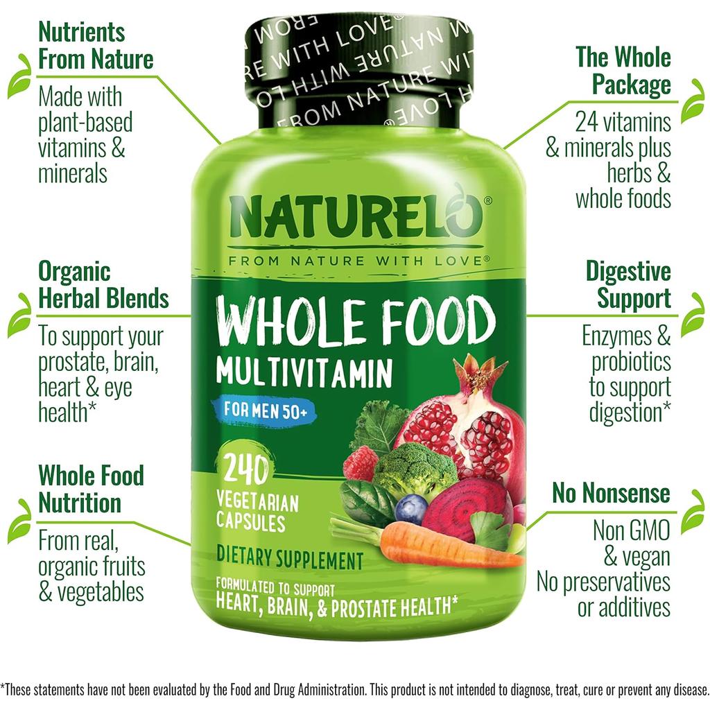 Naturelo Whole Food Multivitamin for Men 50+ providing energy, brain, heart, and eye health support